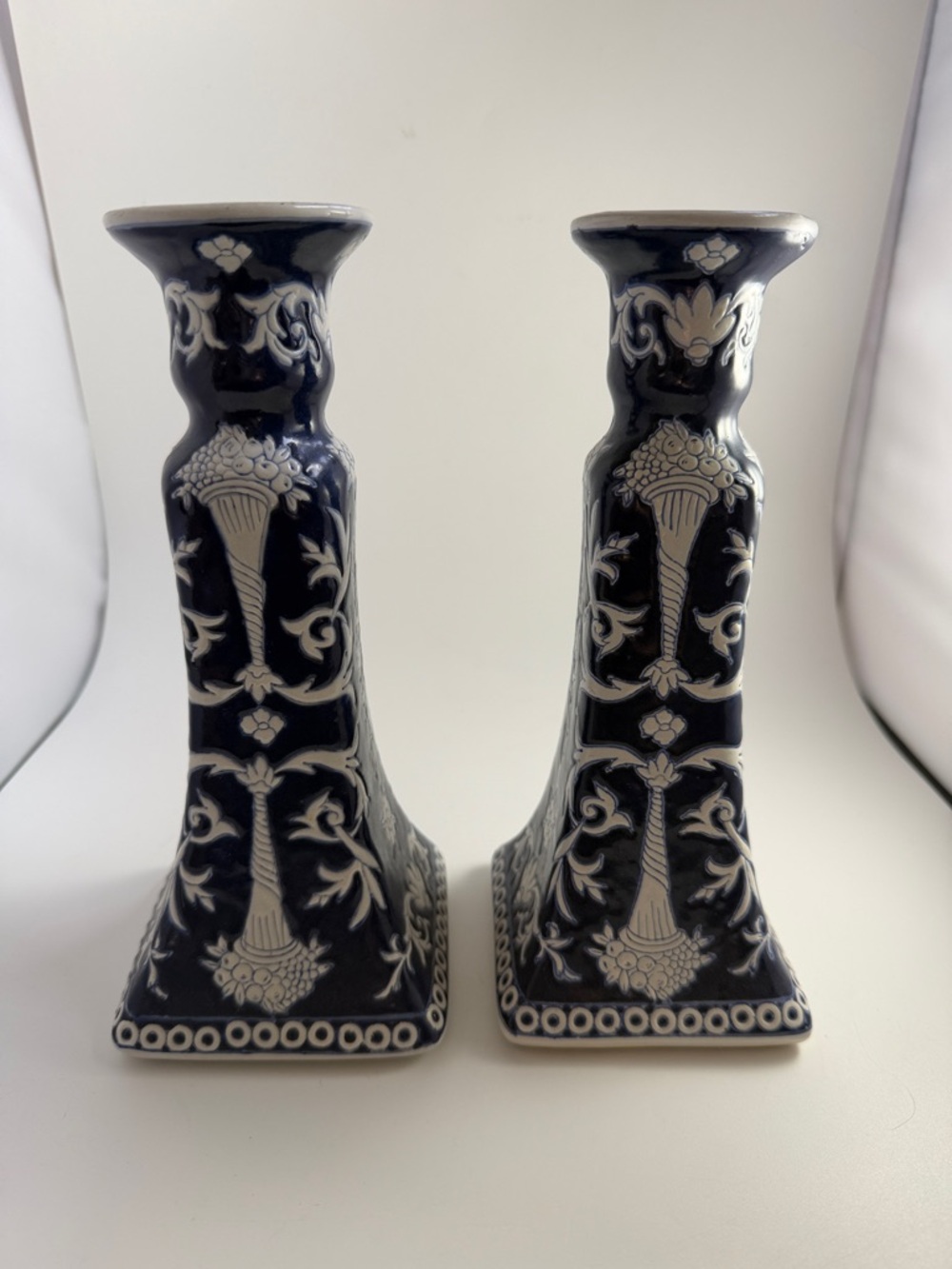 Delft Blue and White candlestick holders Chinese Porcelain 9” Vintage